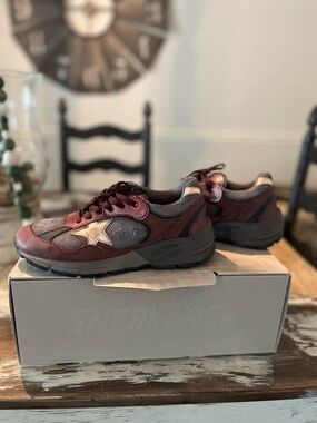 Golden Goose Burgundy and Gray Women's Athletic Sneakers with Gold Star Accent